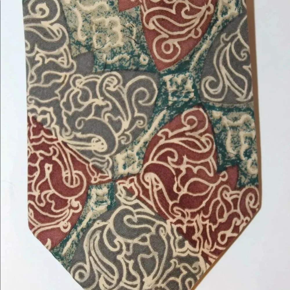 2/$20 Venanzi Men Neck Tie 100% Silk Abstract Cognac Wavy Design Gray Green - Picture 4 of 6